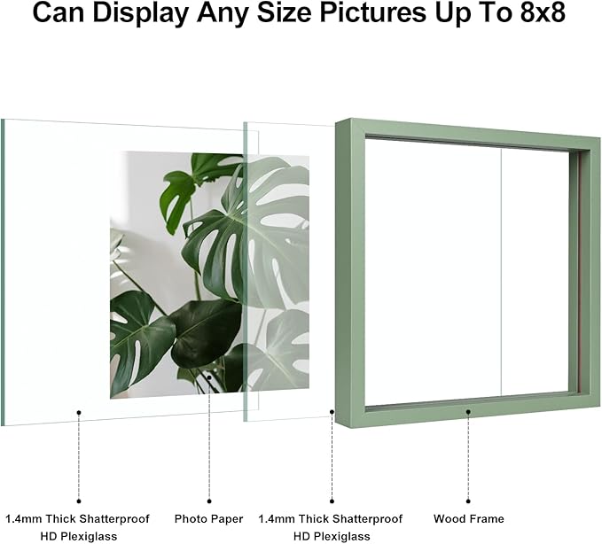 Egofine 8x8 Floating Frames Set of 2, Double Plexiglass Picture Frame, Made of Solid Wood Display Any Size Photo up to 8x8, Wall Mount or Tabletop Standing, Green