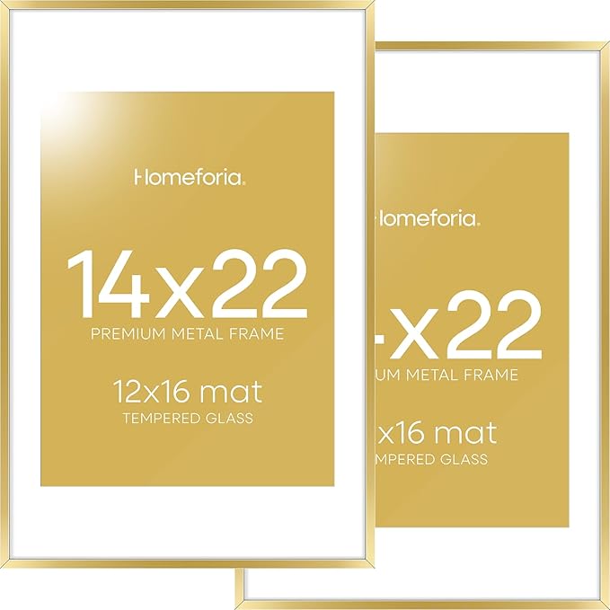 Homeforia 14x22 Picture Frame Gold, High End Metal 14x22 Poster Frames with Mat 12x16 Photo, 14 x 22 Gold Frames Matted to 12 by 16 Print, 22x14 Thin Hanging Frames, Tempered Glass, Wall Kit, Set of 2