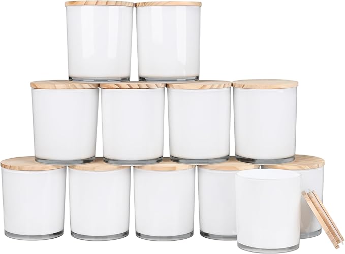 SHOWIN Thick Candle Jars for Making Candles 12 Pcs, 14 OZ Empty Jars with Wood Lids for Candle Making, Sample Container, Inner White