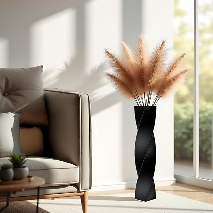 Tall Black Resin Floor Vase - 23.6 Inch Modern Square Twist Vases for Home Decor, Large Decorative Vase for Dried Flowers, Pampas Grass, Centerpiece - Matte Finish