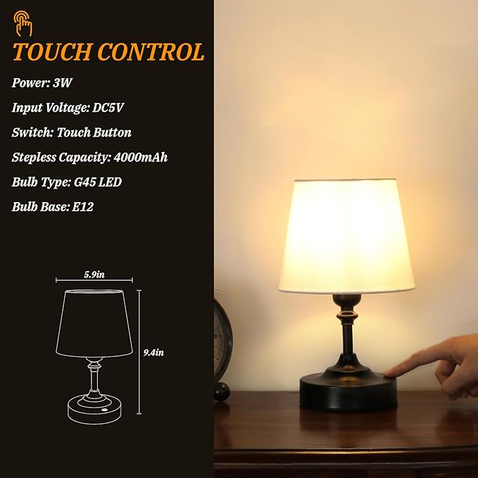 Kakanuo Mini Cordless Table Lamp Black - 1 Pack 4000mAH Battery Operated Lamp for Decor, 3000K Stepless Dimming Touch Control Rechargeable Lamp for Bedroom, Dining Table, Counter, Living Room