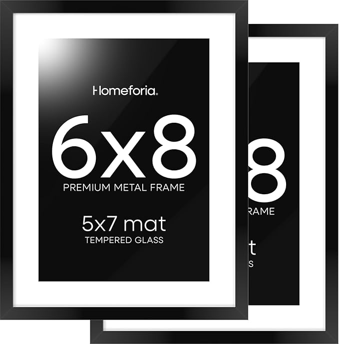Homeforia 6x8 Picture Frame Black, High End Metal 6 x 8 Black Frames with Mat 5 x 7 for Art, 8x6 Desk Frame Matted to 5x7 inch Photo, 6 by 8 Wall or Tabletop Frames, Tempered Glass, Wall Kit, Set of 2