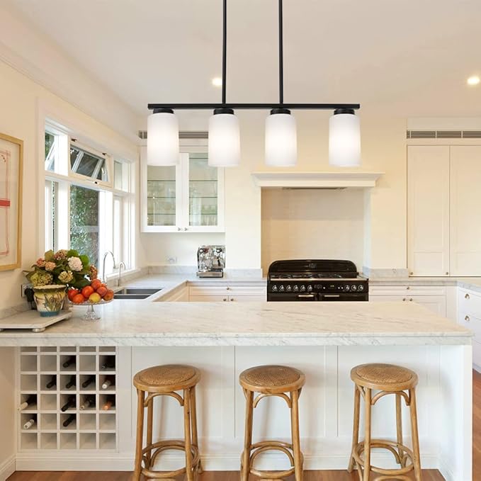 TODOLUZ Farmhouse Dining Room Pendant Light Fixtures in Black Finish, 4-Lights Island Lighting with Opal White Glass Shades for Kitchen
