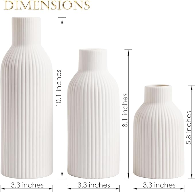 Ceramic Vase Set of 3 - Handcrafted Ceramic Vases for Home Decor & Shelf - Modern Farmhouse Decor for Kitchen, Office, Bedroom & Living Room Decorative Objects for Mantel, Table Centerpieces