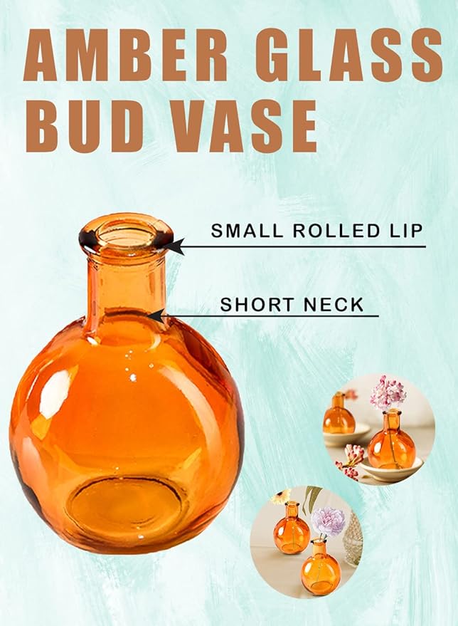 Serene Spaces Living Set of 36 Small Amber Ball Bud Vase, Vintage Glass Bottle Vases for Weddings, Events, Parties, Floral Centerpieces for Home Decor, Measures 3" Diameter & 4" Tall