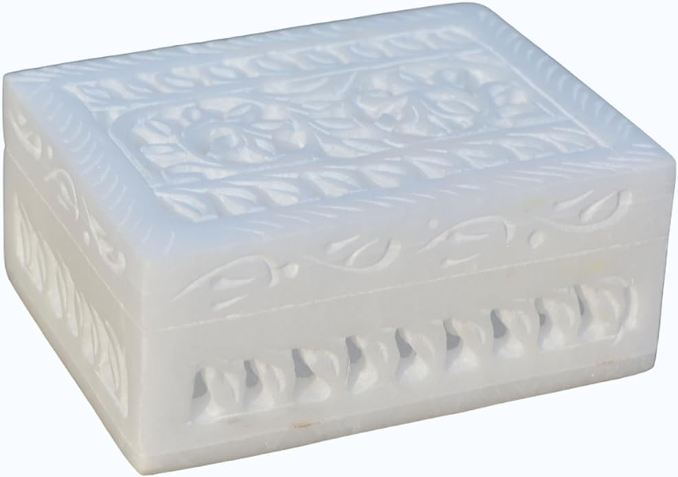 Vintage Onyx Marble Alabaster lid Hinged Footed Trinket Jewelry Box 3x4 inch - Decorative Treasure Box With Engraved Art, Trinket Box | Mini Storage Chest For Jewelry Memento Holder For Miscellaneous