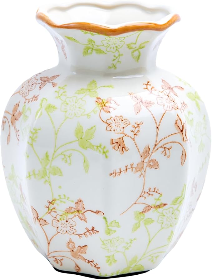 Handmade Chinoiserie Ceramic Vase, Vintage Style Florals in Green Brown & Red with Wavy Orange Rim, Colorful Mantel Accent, Gift Idea (Small, Lvmazhi)