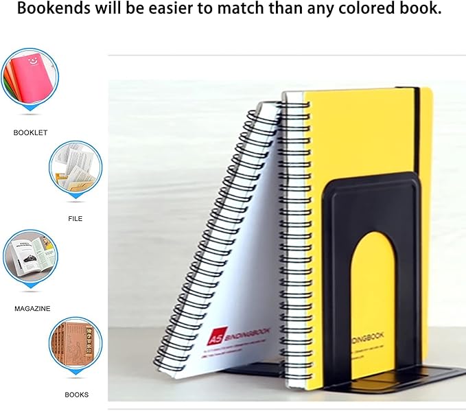 Book Ends, Heavy Duty Bookends to Hold Books, Metal Bookends for Home Office Decorative, Book Ends for Heavy Books/Movies/CD, Black 6.5 x 5 x 5.7 INES, 7 Pairs/ 14 Pieces