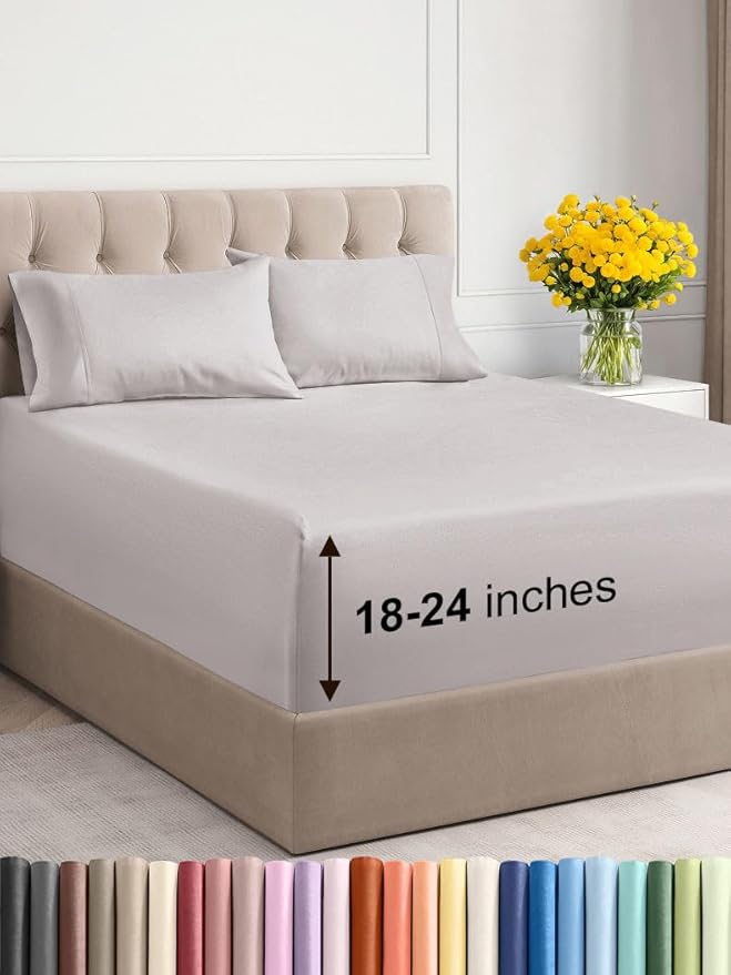 Extra Deep Twin Sheet Set - 4 Piece Breathable & Cooling Sheets - Hotel Luxury Bed Sheets Set - Easy & Secure Fit - Soft, Wrinkle Free & Comfy Sheets Set - Light Grey Sheet Set with Extra Deep Pockets