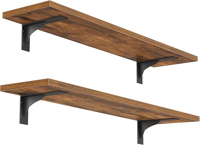 HOOBRO Floating Shelves for Wall, 23.6" Wall Mounted Shelves Set of 2, Hanging Storage Shelf with Metal Brackets, Wooden Shelf for Living Room, Bedroom, Bathroom, Rustic Brown and Black BF62BJP201G1