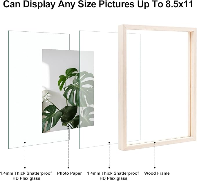 Egofine 8.5x11 Floating Frames Set of 2, Double Plexiglass Picture Frame, Made of Solid Wood Display Any Size Photo up to 8.5x11, Wall Mount or Tabletop Standing, Beige