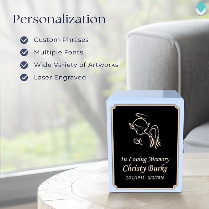 GetUrns Custom Angel Small Urn Box for Human Ashes I Personalized Wooden Keepsake Cremation Urn for Male or Female I Light Blue Memorial Box I 40lbs