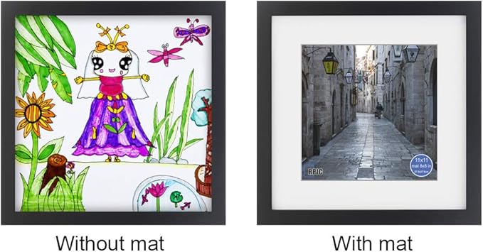 RPJC 11x11 Picture Frame Made of Solid Wood and High Definition Glass Display Pictures 8x8 with Mat or 11x11 Without Mat for Wall Mounting Photo Frame Black
