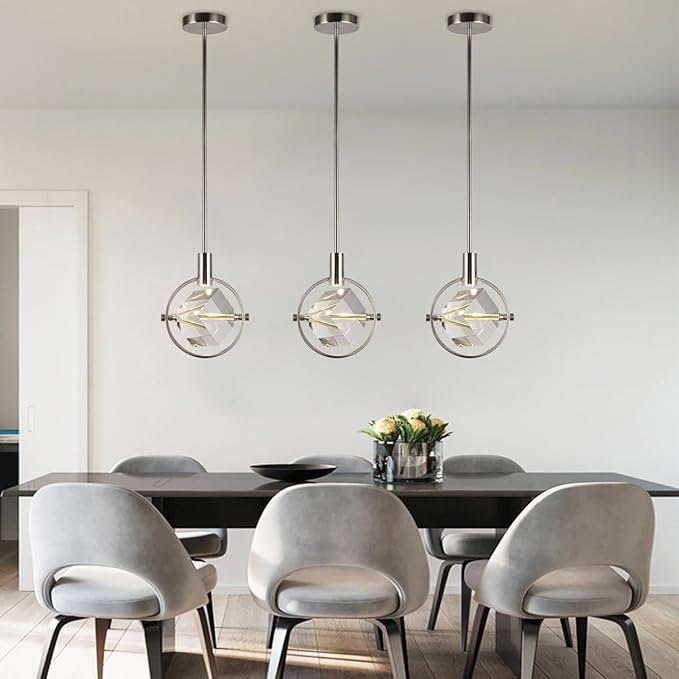 Cube Crystal Pendant Light Fixture, Modern Small Pendant Lighting for Kitchen Island, Dimmable Brushed Nickel Pendant Chandelier Hanging Light for Dining Room, Bar, Bathroom