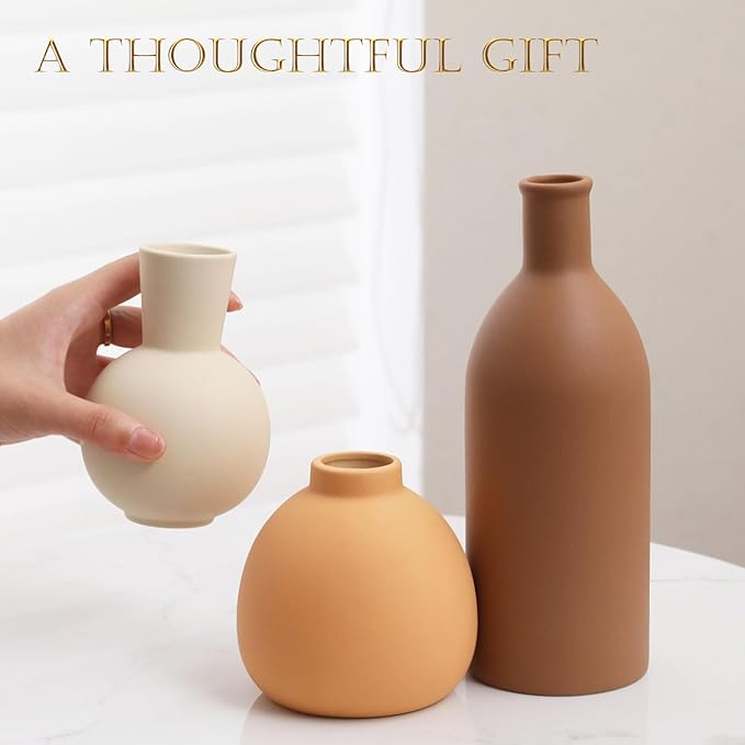 Ceramic Vase Set of 3 - Handcrafted Ceramic Vases for Home Decor & Shelf - Modern Farmhouse Decor for Kitchen, Office, Bedroom & Living Room Decorative Objects for Mantel, Table Centerpieces