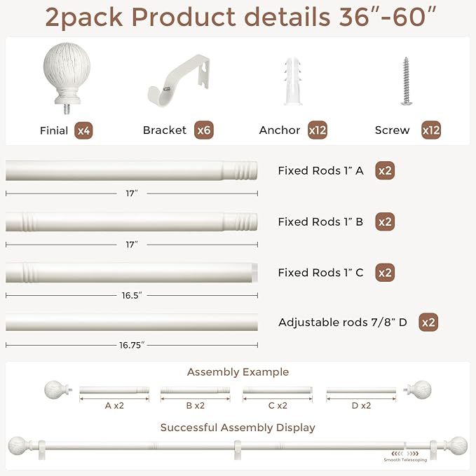 2 Pack Antique White Curtain Rods for Windows 30 to 56 Inch, 1 Inch Boho Decorative Vintage Drapery Rod with Antique White Finials, Adjustable Heavy Duty Rustic Farmhouse Metal Curtain Pole