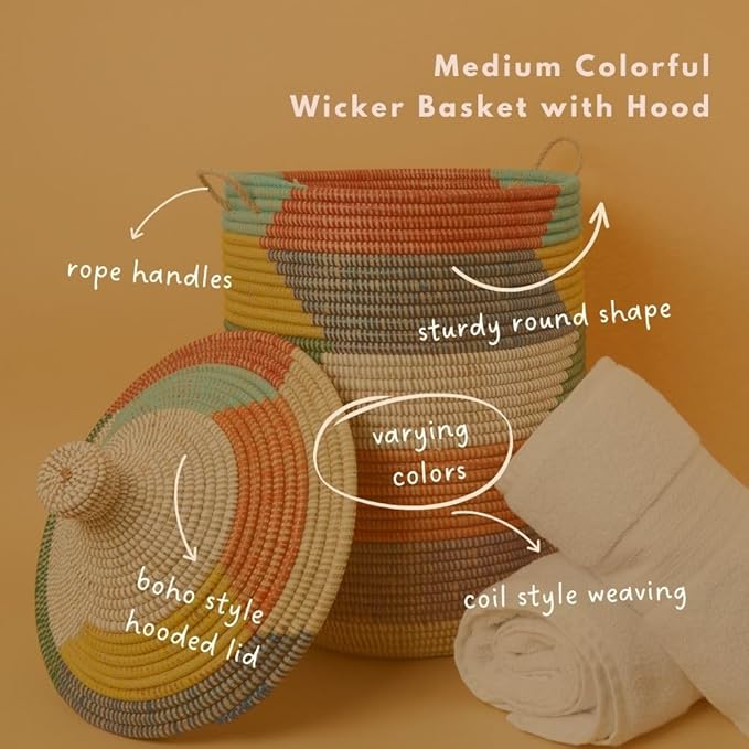 Medium Decorative Colorful Wicker Basket, Home Storage and Organization, Laundry, Blankets, Toys, Clothes, Hamper, Bin, Sturdy, Round, Hand Woven, 19" Tall, 15" Wide