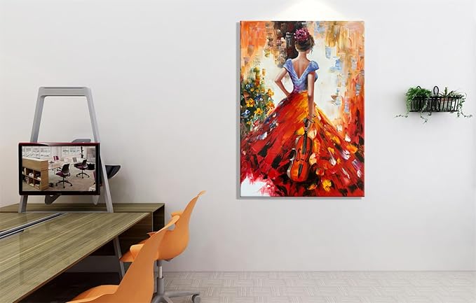 zoinart Hand Painted Abstract Vertical Canvas Wall Art 28x40 Inches Musical Girl Modern 3D Wall Paintings Framed Contemporary Art for Home Decorations Wall Decor Ready to Hang