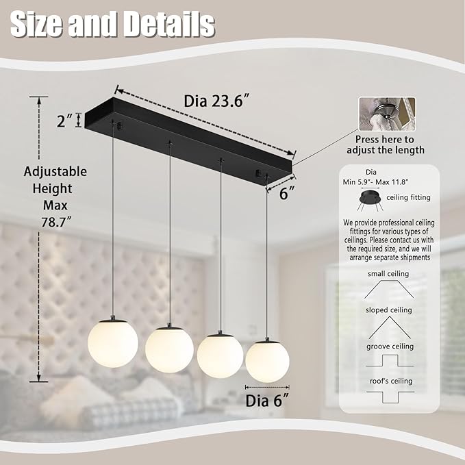 Dining Room Light Fixture 4-Light Black Kitchen Island Lighting Globe Glass Chandeliers for Dining Room Over Table Pendant Light Fixture for Living Room Hallway Bedroom