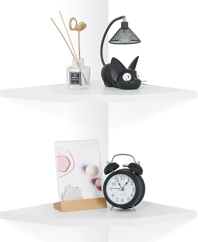 Joiishom Wood Corner Wall Shelves Set of 2, Solid Wood Corner Floating Shelves, Round End Wall Mounted Floating Corner Shelf for Bedroom, Living Room and Kitchen. (White-12 inch)