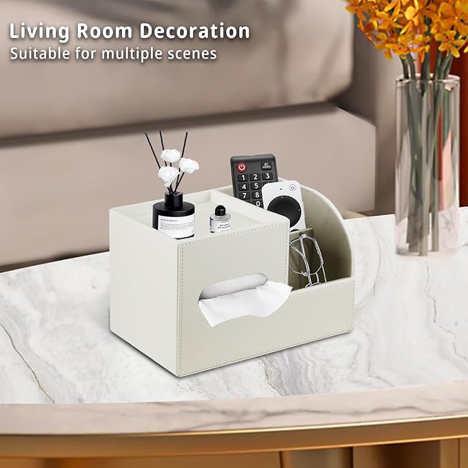 PU Leather Tissue Box Cover Square,Tissue Box Holder Organizer with Storage Tray and Remote Control Holder for Bathroom Countertop Night Stands Bedroom Office Desk,Napkin Caddy Decorative White