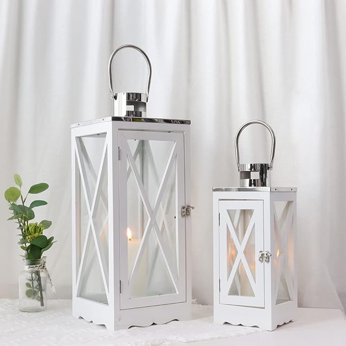 TRIROCKS Set of 2 Farmhouse Wood Candle Lantern 24.5'' &17.5'' H Decorative Candle Holders with Tempered Glass Rustic Hanging Lantern for Garden Patio Wedding Parties Indoor Outdoor(White Rectangle)