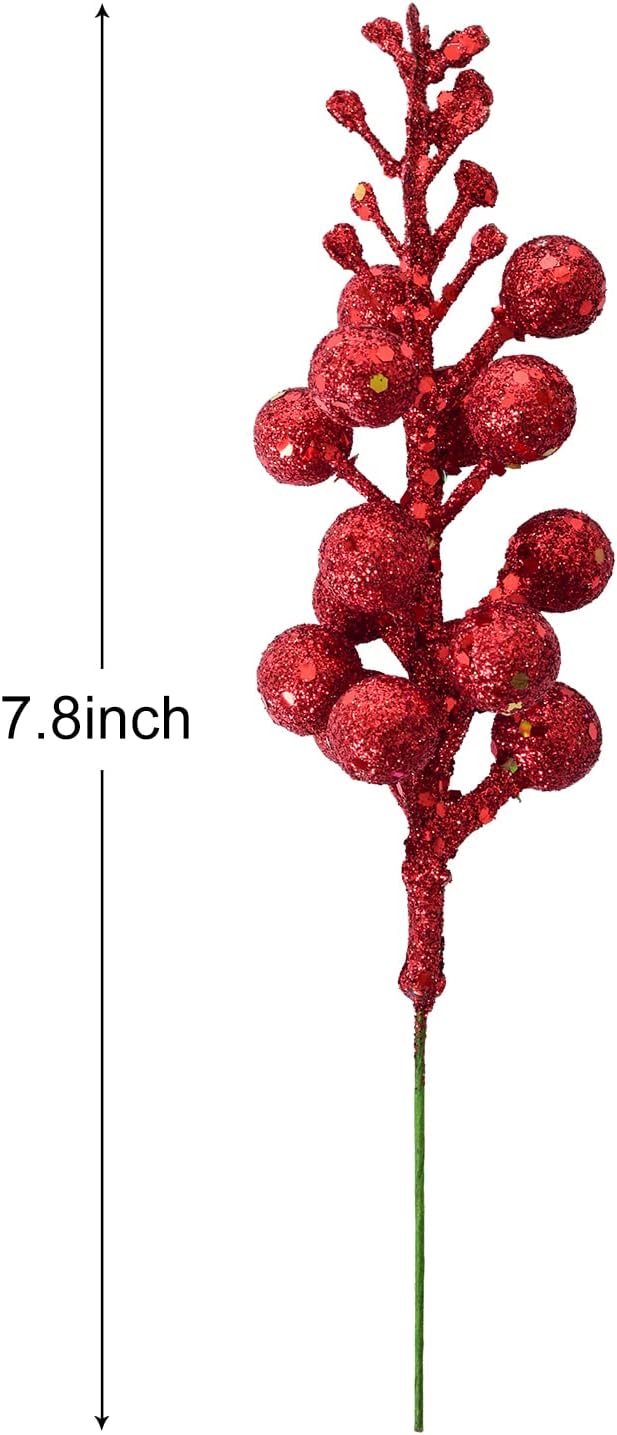 DearHouse 14 Pack Christmas Glitter Berries Stems, 7.8Inch Artificial Christmas Picks for Christmas Tree Ornaments, DIY Xmas Wreath, Crafts, Holiday and Home Decor (Red)