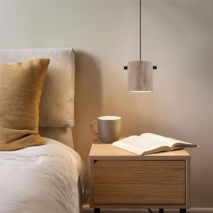 Modern Travertine Stone Pendant Light Minimalist Cylindrical Solid Wood Accents Pendant Lamp Adjustable Hanging Lamp for Bedroom Living Room Dining Room Ambient Lighting