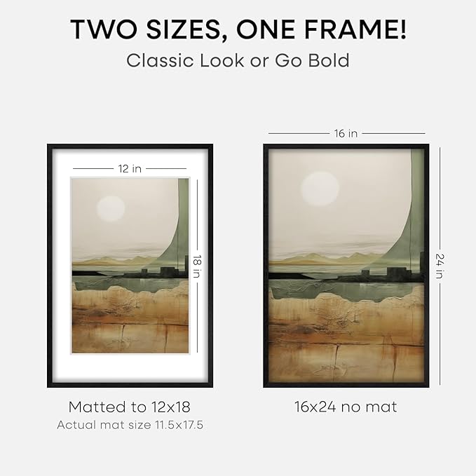 Homeforia 16x24 Black Wood Frame, High End Oak 16x24 Picture Frames with Mat 12x18 Photo, 16 x 24 Wooden Poster Frame Matted to 12 by 18 Print, 24x16 Hanging Frames, Tempered Glass, Wall Kit, Set of 3