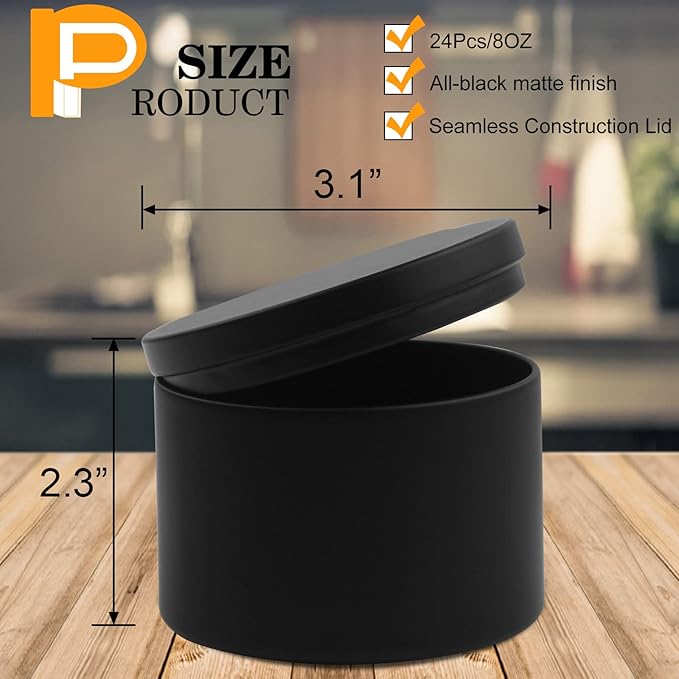 8 oz , 24 Pcs, Black Empty Candle Tin with Lids for DIY Candles Making , Matte Full Black Candle Jars