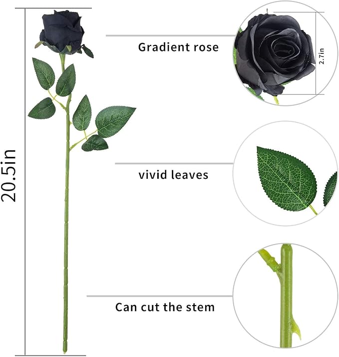 Flojery 10pcs Artificial Rose Flowers Long Stem Fake Silk Roses for DIY Wedding Bouquet Table Centerpiece Home Decor (Black)