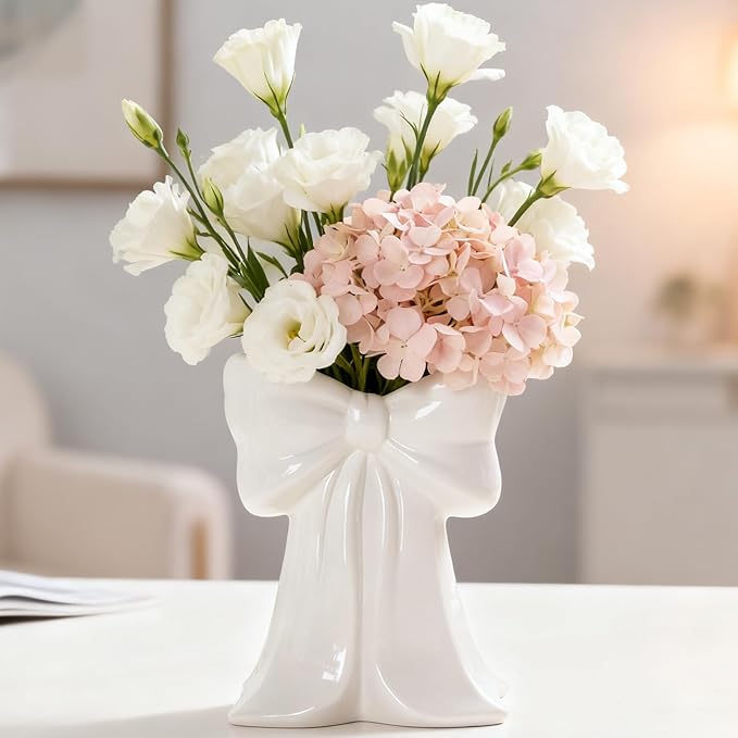 White Bow Vase Ceramic Vase Cute Decorative Vase Minimalist Farmhouse Tulip Flower Modern Home Decor for Table Bathroom Shelf Centerpieces