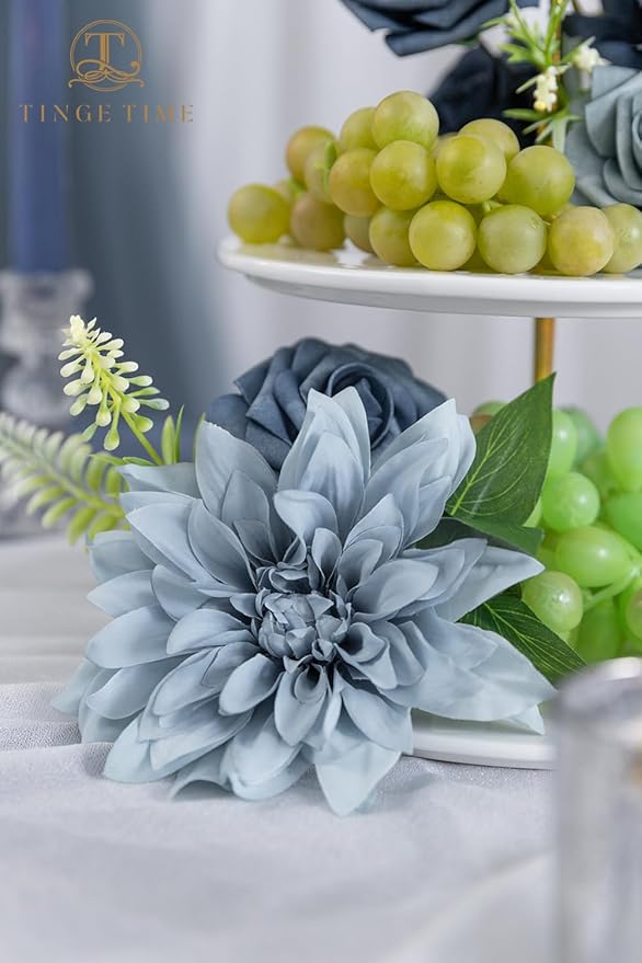 TINGE TIME Artificial Flowers 20pcs Silk Dahlia 5"/6" Fake Flowers for DIY Wedding Bridal Bouquets Centerpieces Arrangements Party Baby Shower Home Decorations (Dusty Blue)
