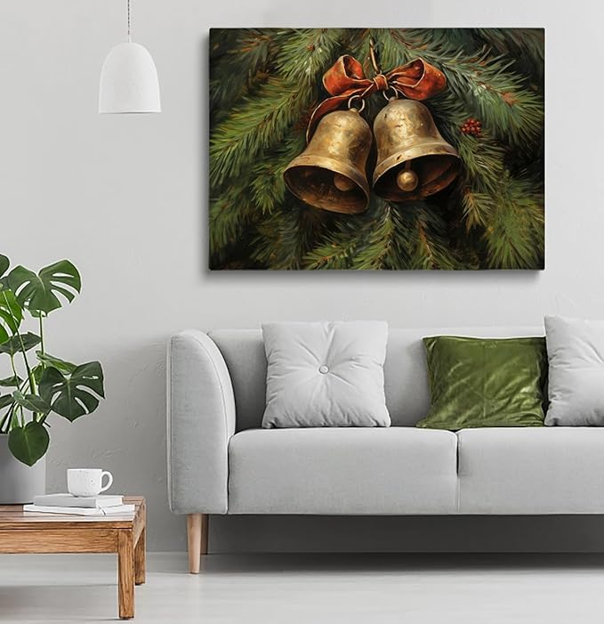 Victorian Country Christmas Art,Christmas Jingle Bells Wall Art,Brass Bells Poster,Winter Still Life Print,Christmas Oil Painting,Christmas Living Room Fireplace Office Decor12x16inch Framed Art