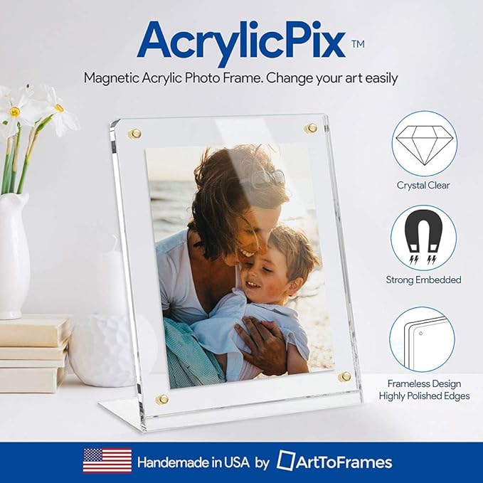 ArtToFrames 14x11 Acrylic Floating Picture Frame - Table Stand with Gold Magnetic Front Cover to Easily Change Photos - Made in The USA