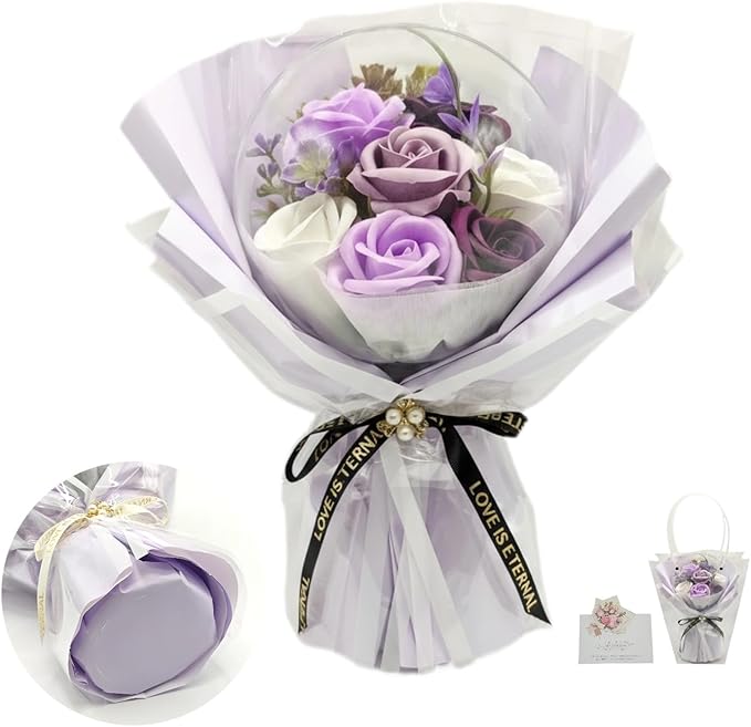 Soap Flowers Bouquet, Artificial Flowers in Gift Box with Gift Bag & Greeting Card, Balloon-Style Acrylic Design, Freestanding Display for Mother’s Day Birthday Anniversary, Purple