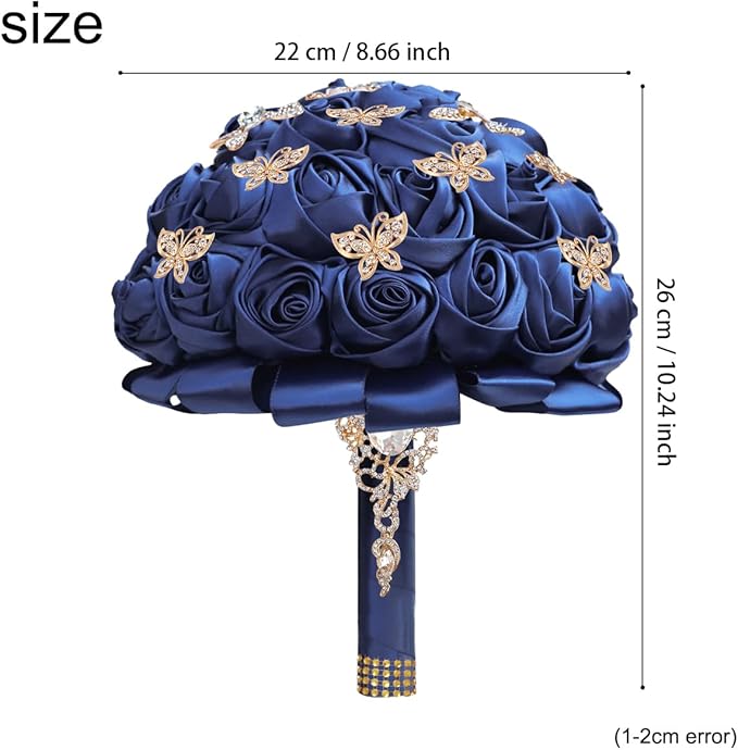Handmade Floral Satin Rose Butterfly Shape Rhinestone Bridal Bouquet Luxury Golden Rhinestone Artificial Flowers for Wedding