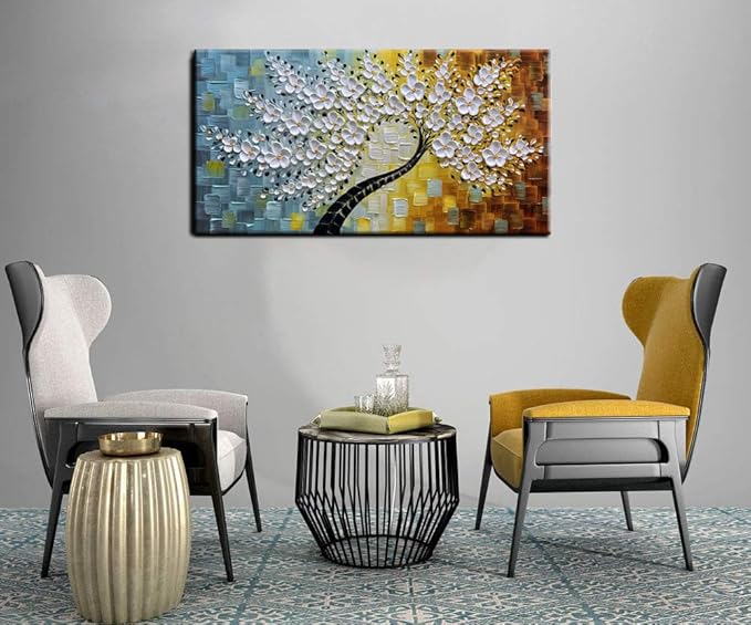 YaSheng Art -100% HandPainted Oil Painting On Canvas Texture White 3D Flower Tree Paintings Abstract Canvas Wall Art Home Bedroom Dining Room Living Room Modern Wall Decor Art Ready to hang 24x48inch