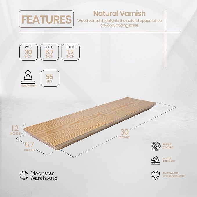 Natural Pine Floating Shelves - Bathroom & Bedroom/Living Room - Set of 2 (30x6.7x1.2 inch)
