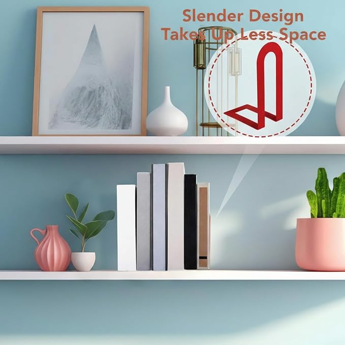 Chunful 6 Pcs Modern Metal Book Ends for Shelves Decorative Small Bookends Book Shelf Organizer Minimalist Design Stopper to Hold Books for Home Office (Red,5.5 * 3.75 * 2.25inch)