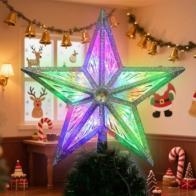 LAMPHOME 8" 10LED Christmas Tree Topper, 3D Golden Glitter Star Tree Toppers Christmas Decorations Light for Christmas Tree(Multicolor)