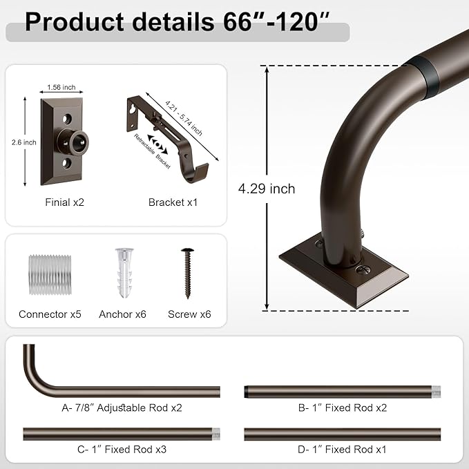 Bronze Curtain Rods, Heavy Duty Wrap Around Curtain Rod for Windows 66 to 120 Inch, Adjustable Decorative Blackout Drapery Pole, Modern Room Darkening Rod for Blackout Curtains, Brown