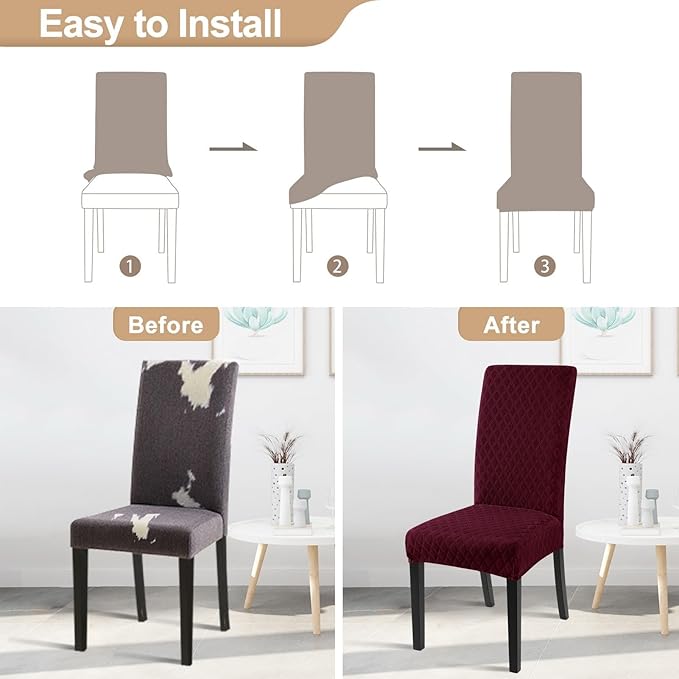 SearchI Dining Room Chair Covers Set of 4, Stretch Jacquard Parsons Chair Slipcovers Super Fit Removable Washable Kitchen Chair Protector Cover for Dining Room, Hotel, Ceremony (Wine Red)