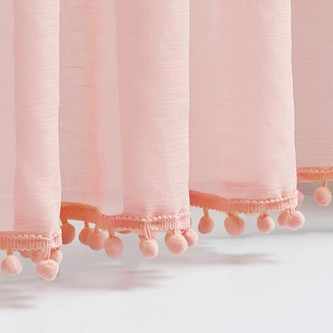 Treatmentex Pompom Sheer Curtains Blush Pink Window Draperies for Bedroom Rod Pocket Curtain Panels for Canopy Nursery Room 52" w x 2pc
