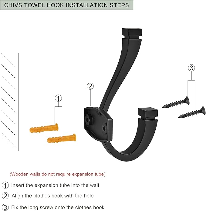 TUNNY Coat Hooks - 3 Pack Matte Black Towel Hooks Robe Hooks Decorative Wall Hooks for Bathroom Bedroom Kitchen Towel Robe Clothes Cabinet Closet Bathroom Hardware