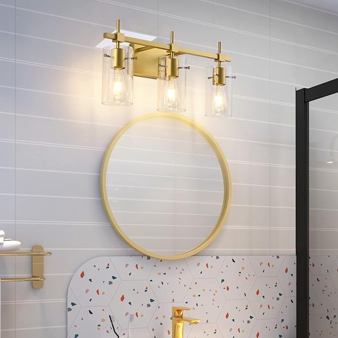 SOLFART Gold 3 Lights Bathroom Light Fixtures for Mirror Vanity Lights Bathroom Vanity Light Wall Sconce