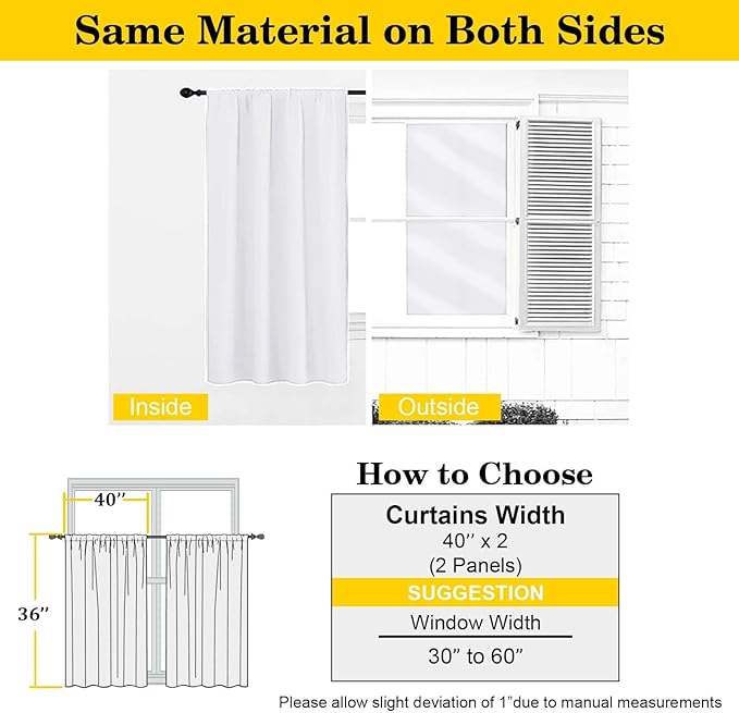 White Kitchen Curtains 36 Inch Length 2 Panels Set, Soft Solid Light Filtering Thermal Insulated Small Window Cafe Curtains for Bedroom Bathroom Living Room Basement, White, Each 40" Wx36 L