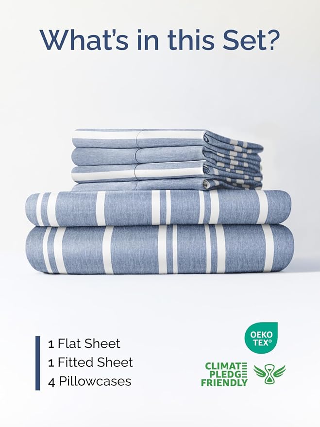 Extra Deep Full Sheet Set - 6 Piece Breathable and Cooling Sheets - Hotel Luxury Bed Sheets Set - Easy Fit - Soft, Wrinkle Free and Comfy Sheets Set - Blue Striped Sheet Set with Extra Deep Pockets