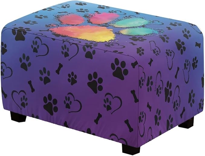 Soft Stretch Ottoman Slipcover Colorful Paws Washable Rectangle Footrest Stool Cover Anti Scratch Furniture Protector with Nonslip Elastic Bottom for Most Footstools Size S