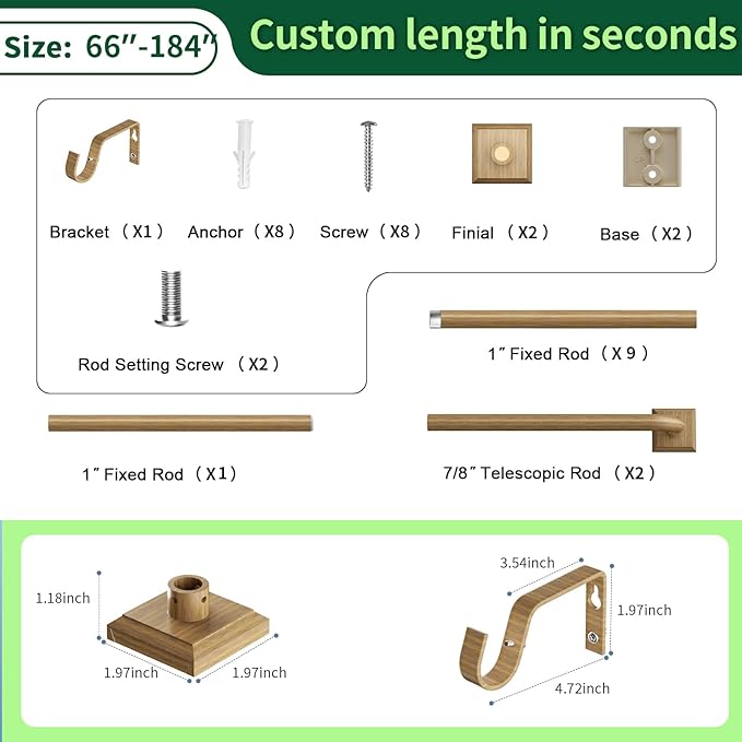 Boho Wood Grain Curtain Rods for Windows 66-184 Inch(5.5-15.3ft) Heavy Duty Wrap Around Blackout Curtain Rods, Adjustable Room Darkening Drapery Rod for Bedroom, Living Room & Outdoor, Stainless Steel